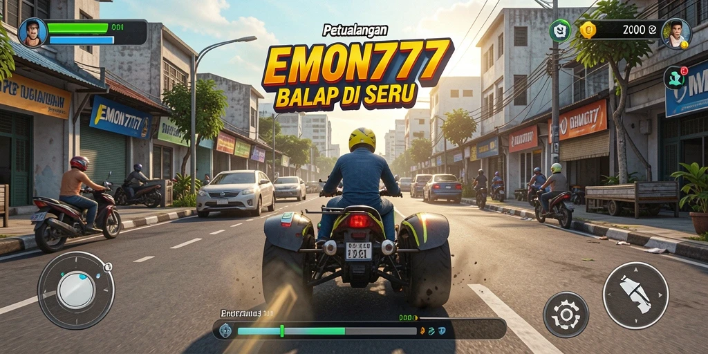 Screenshot EMON777 menunjukkan balapan seru dengan mobil cepat di trek menantang.