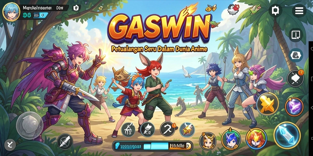 Screenshot GASWIN menampilkan karakter anime dalam pertarungan epik.