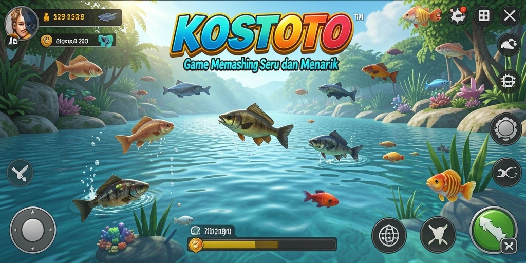 Tampilan gameplay KOSTOTO yang menampilkan aksi memancing yang seru.