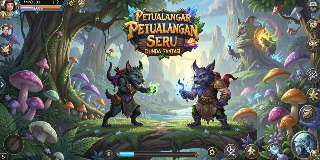 Tampilan utama gameplay MPO303 dengan karakter menjelajahi dunia fantasi.