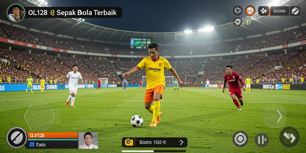 Tampilan gameplay OLX128 dengan aksi sepak bola yang seru.