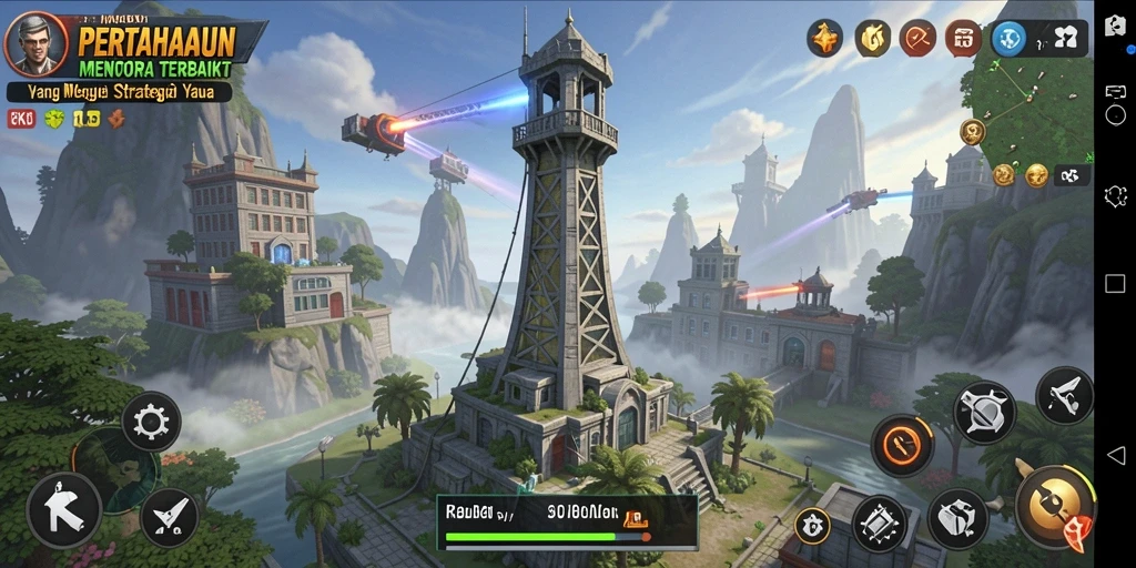 Screenshot menampilkan strategi serangan dan menara pertahanan di RK55.
