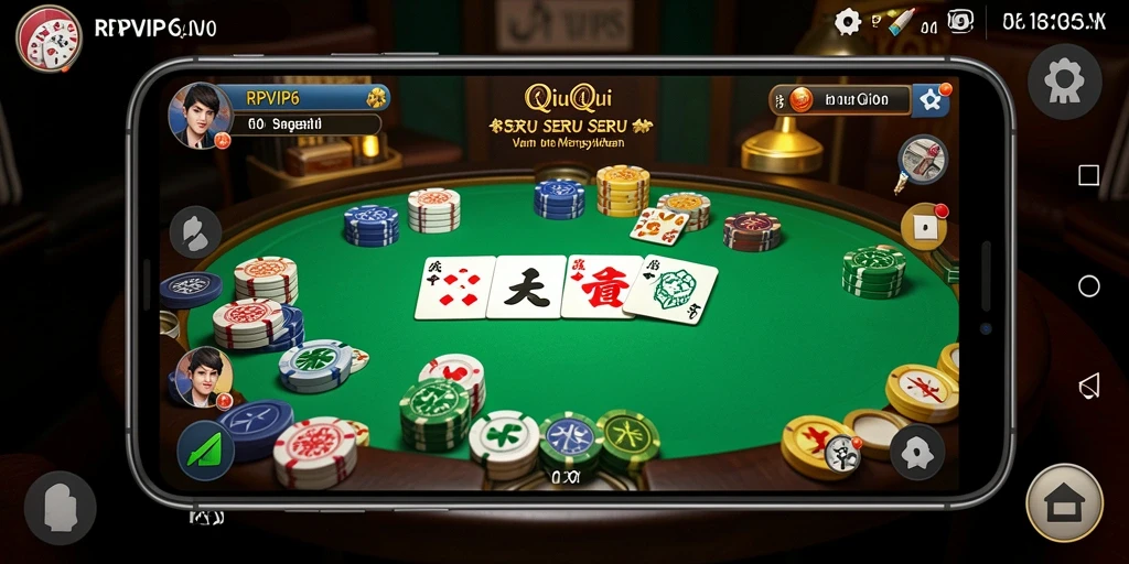 Screenshot gameplay RPVIP6 menampilkan aksi kartu QiuQiu yang seru.