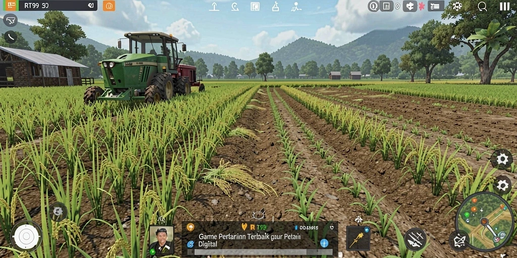 Screenshot gameplay RT99 menunjukkan aktivitas pertanian yang menarik.