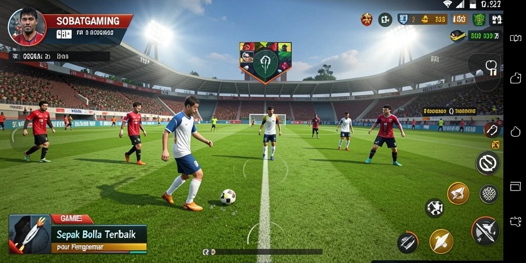 Screenshot gameplay SOBATGAMING menampilkan aksi seru di lapangan sepak bola.