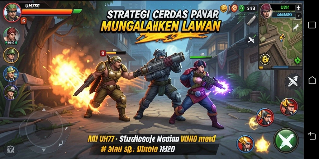 Tampilan screenshot UH77 menampilkan aksi strategi seru dalam pertempuran.