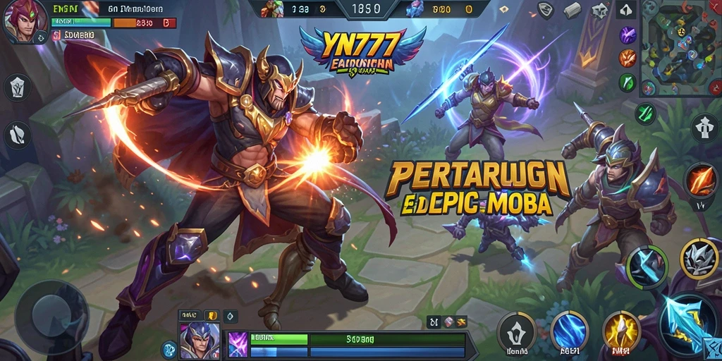 Tangkapan layar gameplay YN777 menampilkan pertarungan epik di arena MOBA.